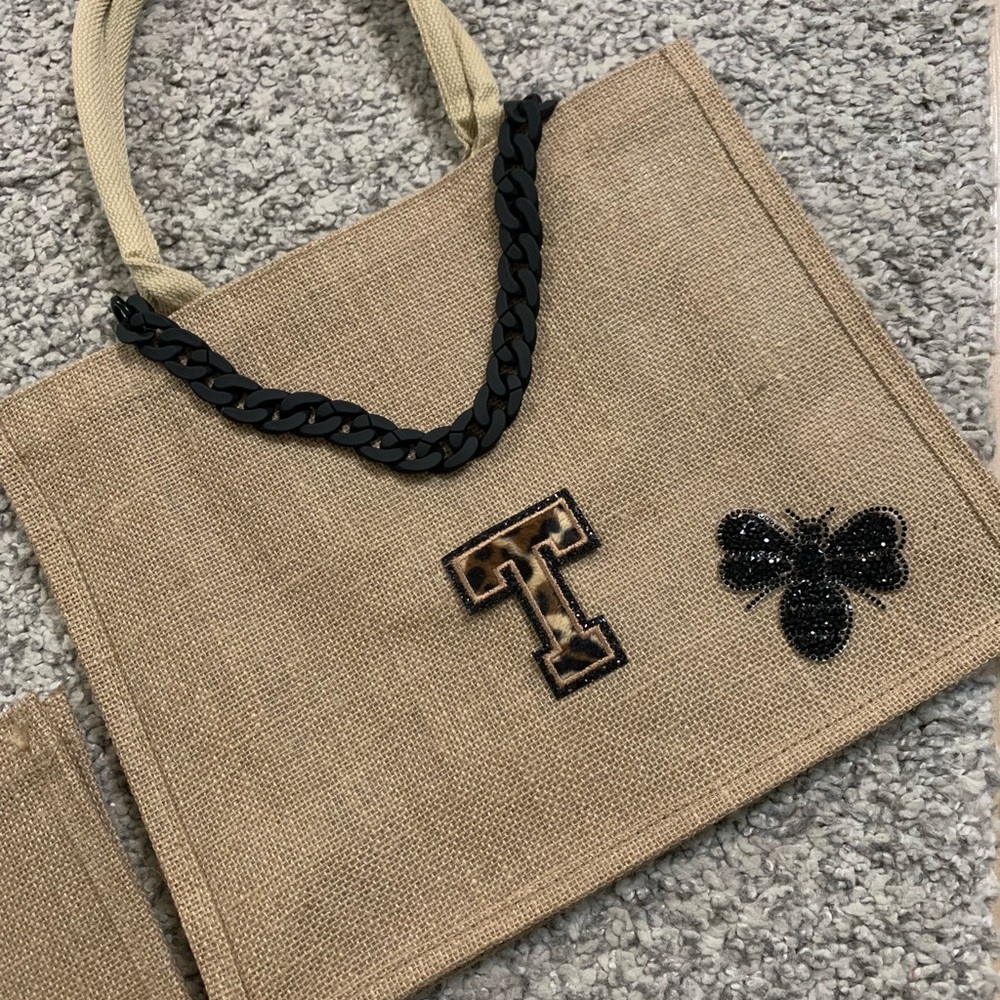 Brown jute tote initials and bee’s